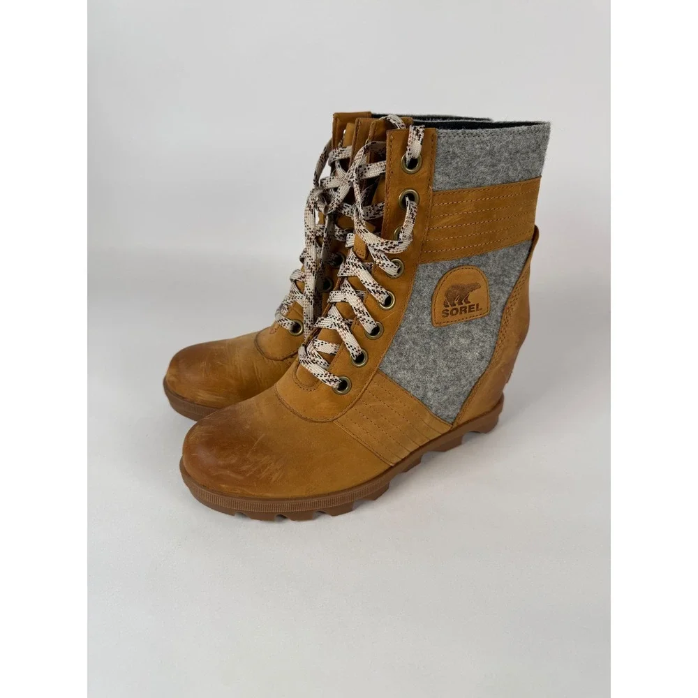 Sorel Lexie Wedge Boots Tan‎ Grey Leather Felt Lace Up NL3376-224 Womens 9